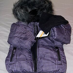Girls London Fog Purple Puffer Jacket with Faux Fur Hood with extra hat included
